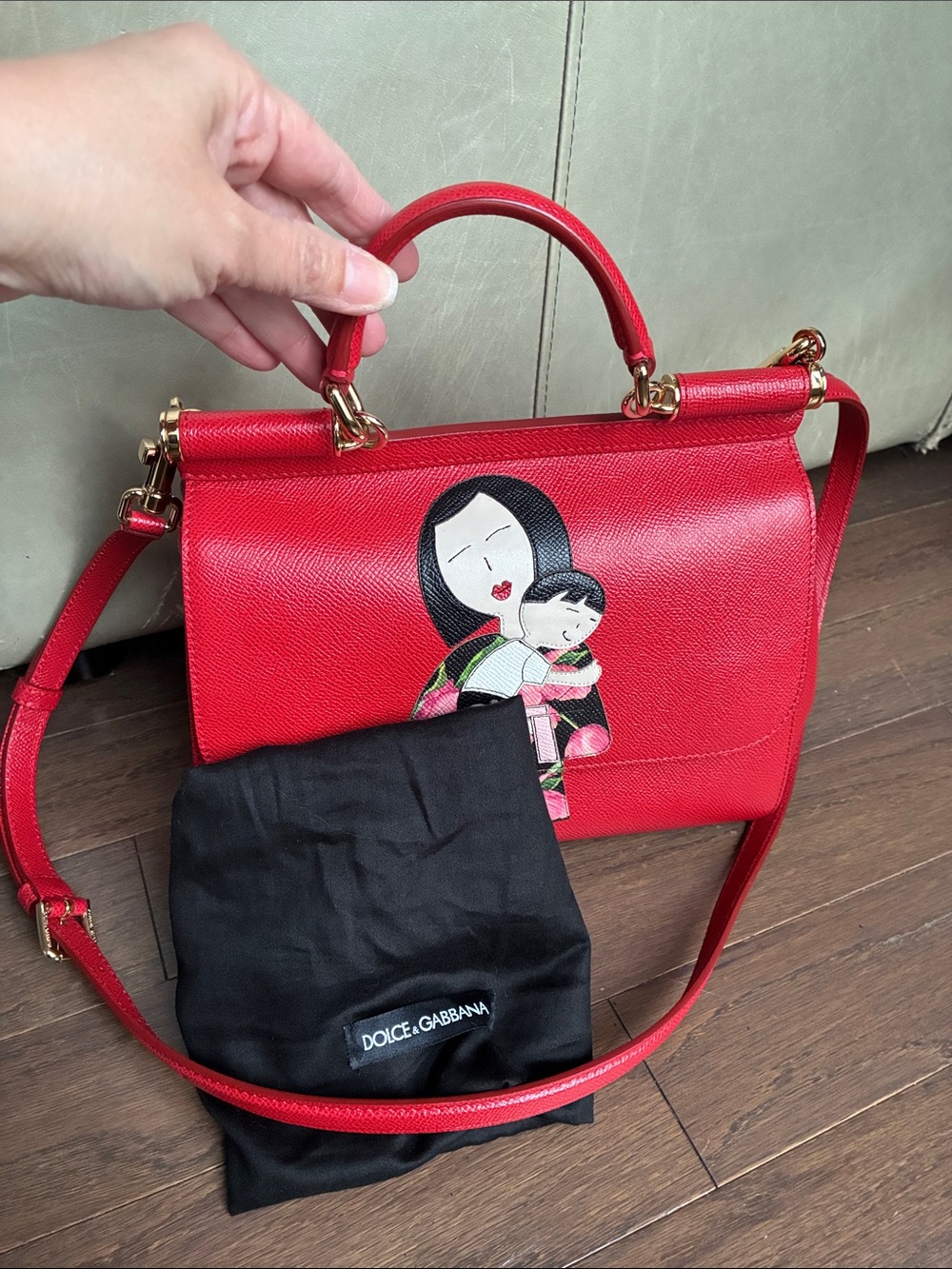 Dolce & Gabbana Red Leather Satchel with Mother-and-Child Motif